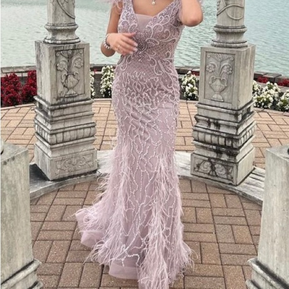 Elegant Boutique Mauve Smoky Lilac feathered beaded prom gown v neck size 2